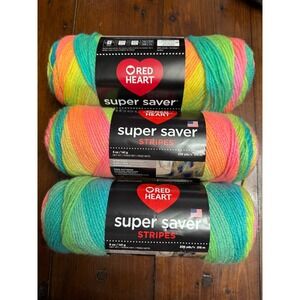 Red Heart Super Saver Stripes Yarn Retro Stripe‎ 3 Skeins Acrylic Knit Crochet